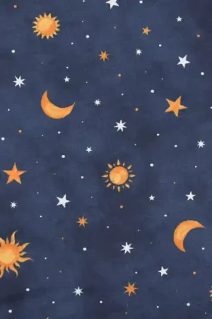 Actieprijs Decoratiestof half panama Glow in the Dark zon, maan en sterren, donkerblauw