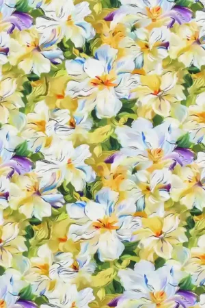Viscose jersey Colorful Flowers, geel Weekendaanbieding