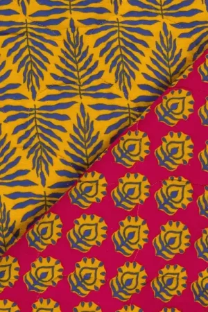 Actieprijs Mousseline doorgestikte stof Doubleface Leaves and Flowers, geel