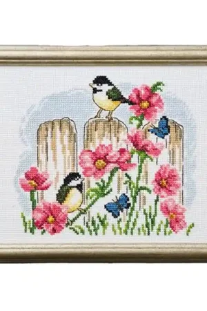 Weekendaanbieding Koolmeesjes op hek - Permin borduurpakket met telpatroon