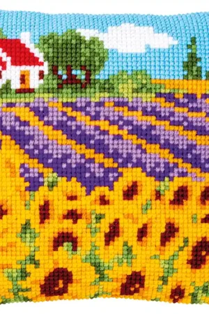 Superprijs Zonnebloemenveld borduurkussen - Vervaco borduurpakket
