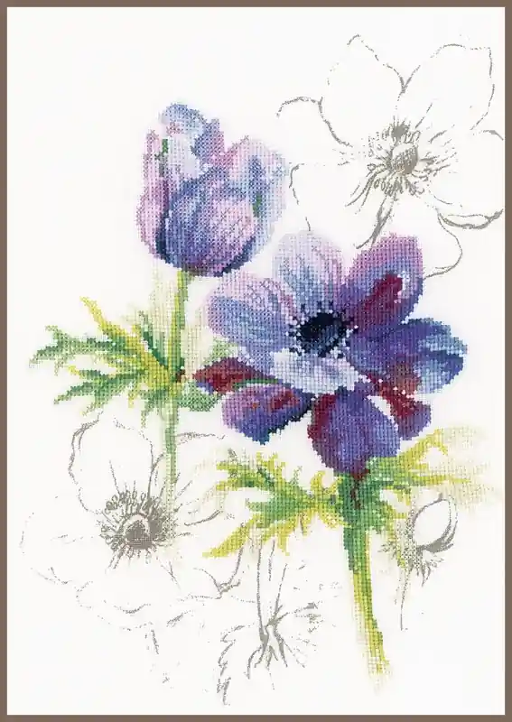 Blauwe anemonen borduren - LanArte borduurpakket Weekendaanbieding