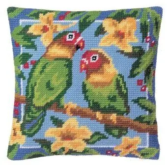 2 Groene papegaaien Borduurkussen - Margot de Paris borduurpakket Voordeelprijs