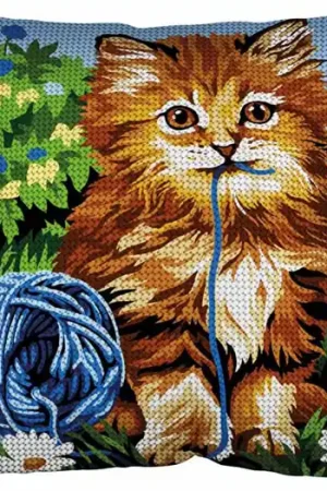 Uitverkoop Kat met bolletje wol borduurkussen - Margot de Paris borduurpakket