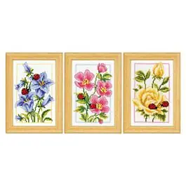 Vervaco borduurpakket 3st. bloemen met lieveheersbeestjes PN-0147093 telpatroon Nieuw