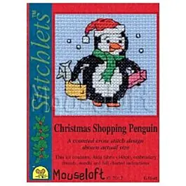 Betaalbaar Mouseloft borduurpakket kerstkaart pinguïn doet kerst inkopen G31stl telpatroon incl. kaart & envelop