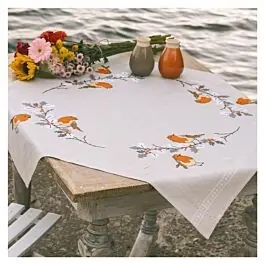 Vervaco borduurpakket tafelkleed Roodborstjes PN-0201676 voorbedrukt Finale Uitverkoop