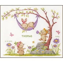 Beperkt Aanbod Vervaco borduurpakket geboortetegel konijntjes in de bloementuin PN-0204852 telpatroon