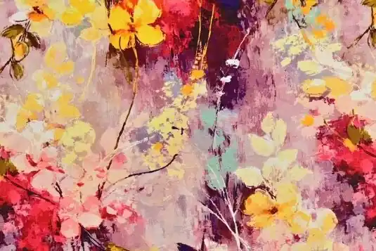 Betaalbaar Bamboe tricot stof, olieverf bloemenprint, paars/geel/rood/mint. P552