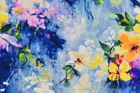 Korting Bamboe tricot stof, olieverf bloemenprint, blauw/geel/groen/lila. P551