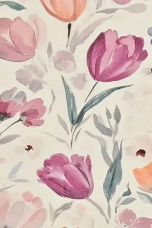Bamboe tricot stof, tulpenprint, crème/lila/okergeel/groen/grijs. P548 Hoge Kwaliteit