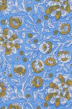 Handgemaakte blokprint katoen stof, bloemenprint, blauw/geel/offwhite. P547 Beperkt Aanbod