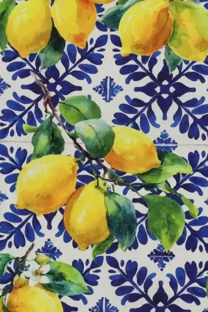 Katoen viscose stof, digitale tegeltjesprint met citroenen, blauw/wit/geel. P513 Veilige Betaling