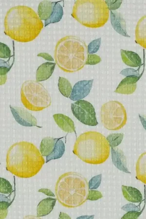 Nieuw Wafel katoen stof, citroenenprint, offwhite/geel/groen. P527