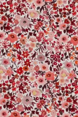 Rib jersey stof, kleine bloemetjes, rood/roze/perzik. P521 Express Levering