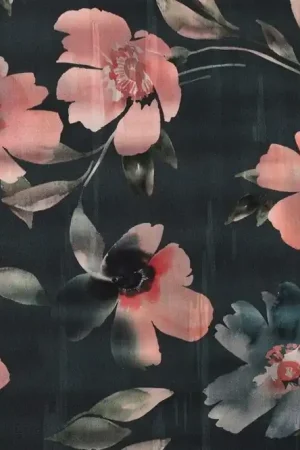 Lage Kosten Katoen satijn stof, digitale bloemenprint, perzik/petrol. P520