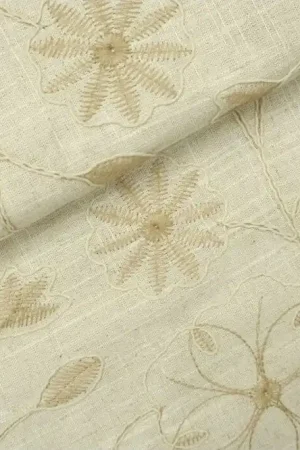 Viscose linnen stof, broderie, bloemen met steel motief, naturel/lichtbruin. P565 Favoriet