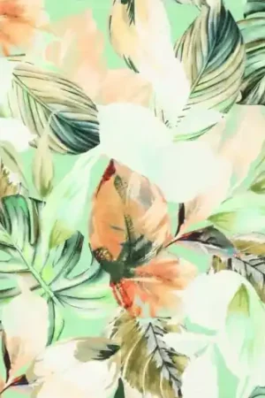 Viscose twill stof, bladerenprint, groen/zalm/offwhite/beige/donkergroen. P316 Finale Uitverkoop