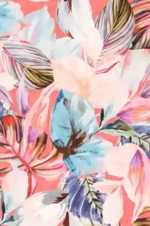 Viscose twill stof, bladerenprint, roze/blauw/paars/offwhite/groen/bruin. P318 Speciale Aanbieding