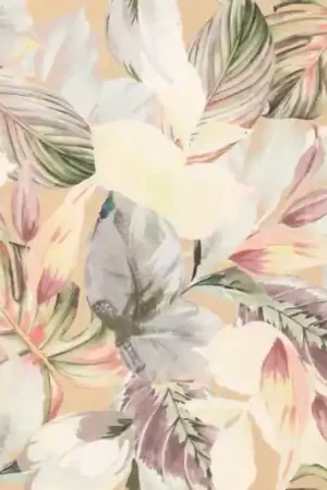 Viscose twill stof, bladerenprint, zand/oudroze/grijs/crème/groen. P317 Weekendaanbieding