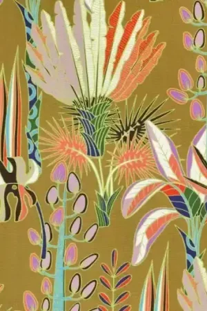 Viscose slub stof, soepel vallend, jungle print, groen/lila/oranje. P235 Veilige Betaling