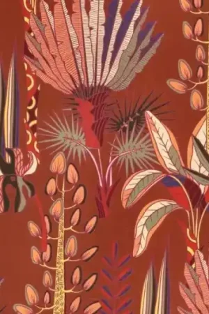 Viscose slub stof, soepel vallend, jungle print, roest/oranje/paars/groen. P234 Tijdelijk Beschikbaar