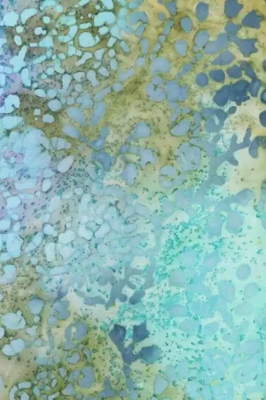 Batik viscose stof, abstracte krullenprint, groen/blauw. P167 Superprijs