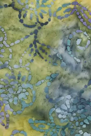 Batik katoen stof, abstracte bloemprint, groen/lila. P165 Koopje