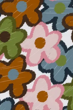 Beperkt Aanbod French terry stof, bloemenprint, bruin/groen/blauw/roze. P129