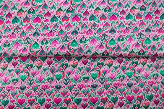 Beperkt Aanbod Stenzo french terry stof, hartjesprint, groen/fuchsia Y1073