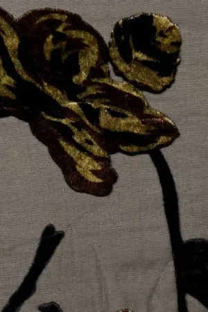 Voordeelprijs Voile stof, fluwelen bloemen, zwart/goud/bruin. Y790