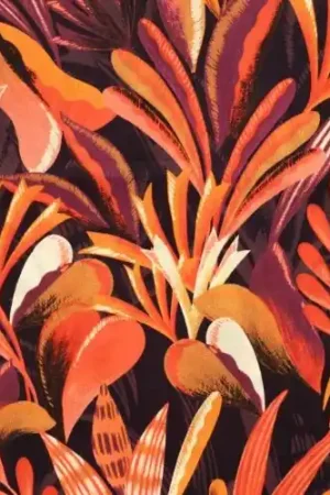 Weekendaanbieding Katoen voile stof, bladprint, oranje/paars. Y475A