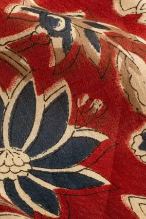 Batik poplin voile katoen stof, grote bloemenprint, steenrood/jeansblauw/zand. Y654 Lage Kosten