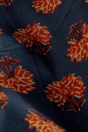 Batik poplin voile katoen stof, boompjesprint, donkerblauw/roest/zand. Y640 Tijdelijk Beschikbaar
