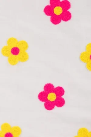 Voile katoen stof, geborduurde bloemen, wit/geel/fuchsia. Y585 Premium