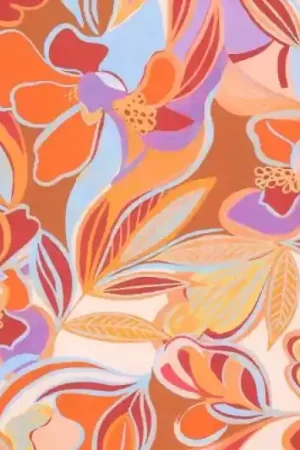 Viscose stof, digitale bloemenprint, oranje/paars/blauw. Y351A Tijdelijk Beschikbaar