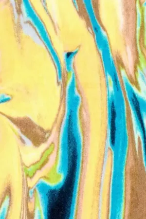 Satijn velvet stof, abstracte print, groen/geel/blauw. Y258 Tijdelijk Beschikbaar