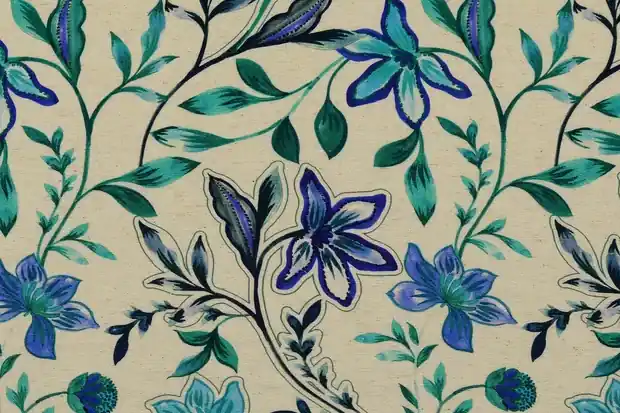 Viscose stof, bloemenprint, offwhite/groen/blauw. Y64 Betrouwbaar