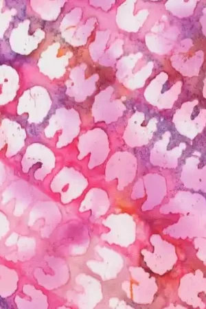 Batik viscose stof, abstracte print, roze/wit/paars. X1438 Voordeelprijs