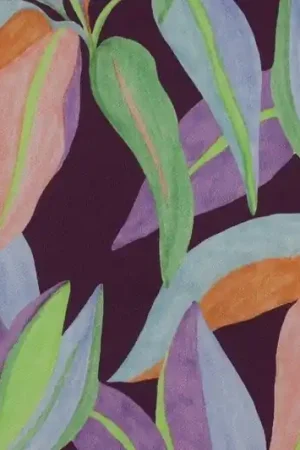 Weekendaanbieding Katoen satijn stof, digitale bladprint, paars/oranje/groen, Poppy meets Pommé. X1435