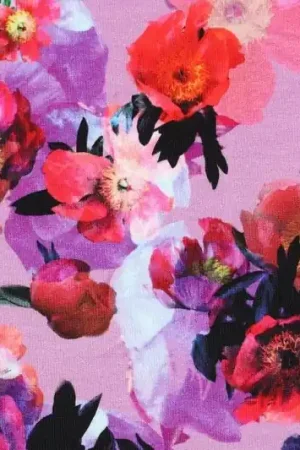Alleen Vandaag French terry stof, digitale bloemenprint, paars/lila/rood. X1221