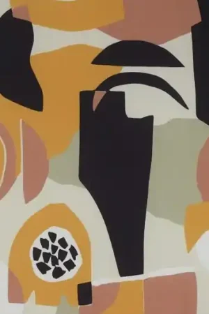 Viscose lenzing stof, abstracte print, olijfgroen/okergeel/zwart. X1257 Alleen Vandaag