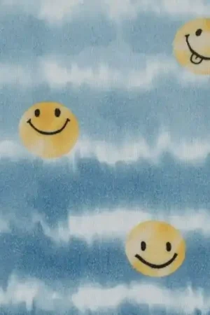 Weekendaanbieding Hydrofiel mousseline stof, happy faces, blauw/geel. X1242