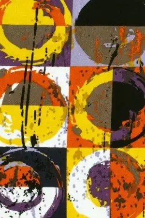 Viscose stof, soepel vallend, vierkantjes- en rondjesprint, paars/kerrie/oranje/wit/zwart. X1046 Gecertificeerd