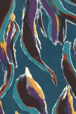 Viscose stof, soepel vallend, fantasie vogelprint, oudblauw/paars/mosterd. X1037 Direct Verzonden