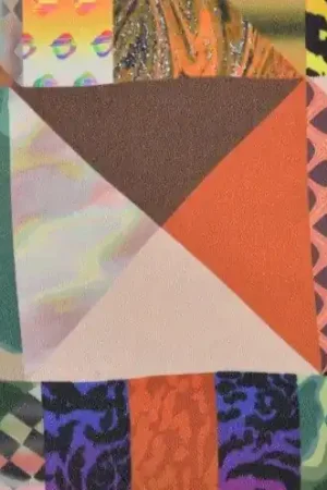 Viscose stof, glans, abstracte vlakkenprint, multicolor. X903 Alleen Vandaag