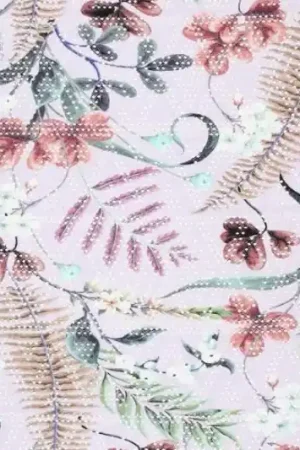 Weekendaanbieding Tricot viscose stof, bloemen- en verenprint, lila/groen/oudroze. X549