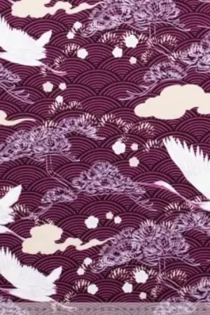 Yoga sport travel stof, kraanvogel/bogenprint, fuchsia/paars/lila/crème. X401 Direct Beschikbaar