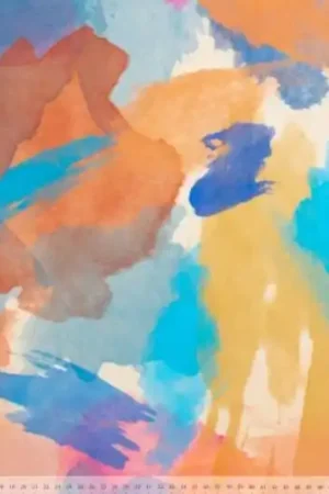 Viscose stof, aquarelprint, Mies en Moos, zalm/blauw/roze. X373 Exclusieve Aanbieding