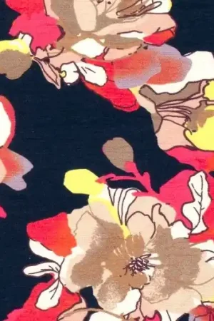 Viscose stof, bloemenprint, donkerblauw/geel/zand/roze. X251 Gratis Verzending